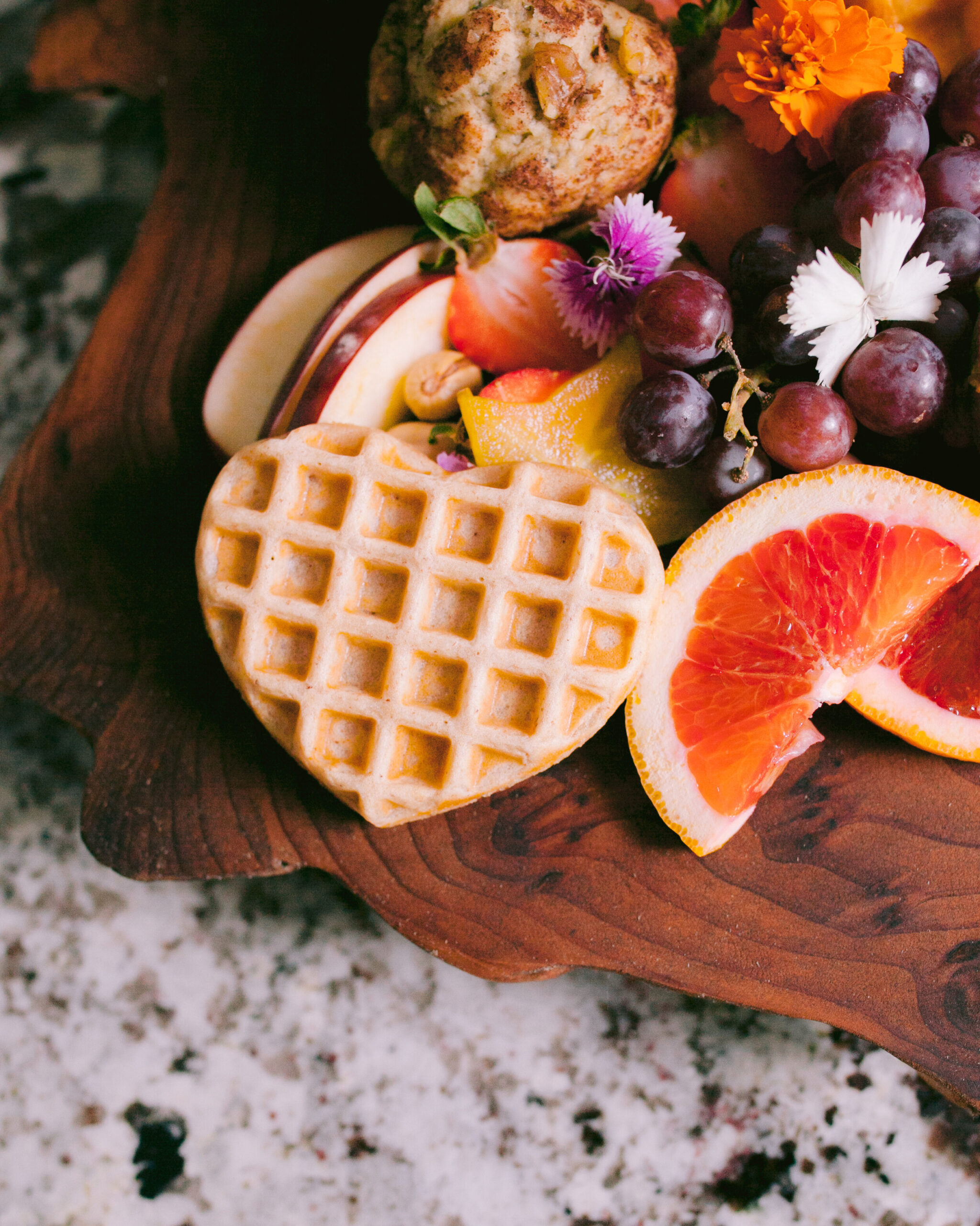  Heart shaped waffle on charcuterie board.  