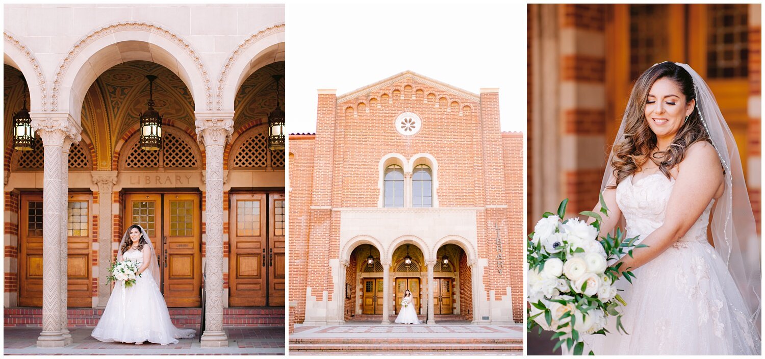 Bride with bouquet in front of brick building