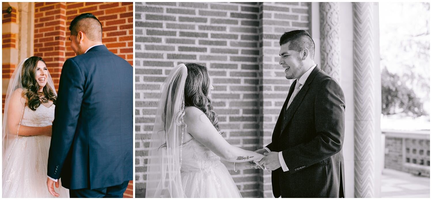 Bride and groom greeting eachother for the first time