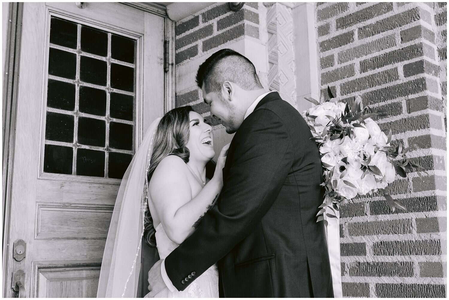 Bride laughing at groom