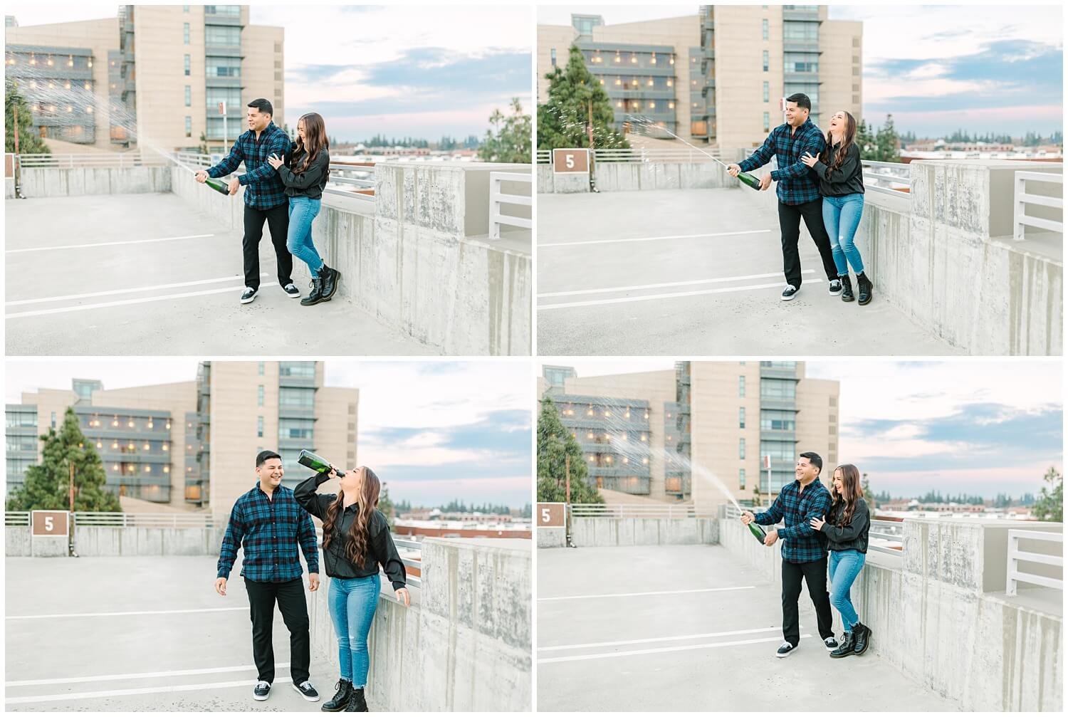 Couple popping champagne on rooftop - image by GunnShot Photography