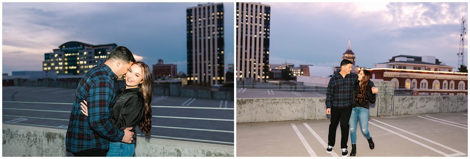Man and woman laughing on rooftop during bluehour -image by GunnShot Photography