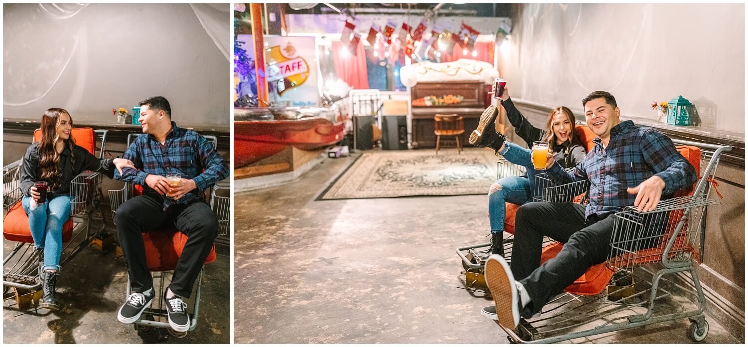 Couple hanging out in chairs made out of shopping carts