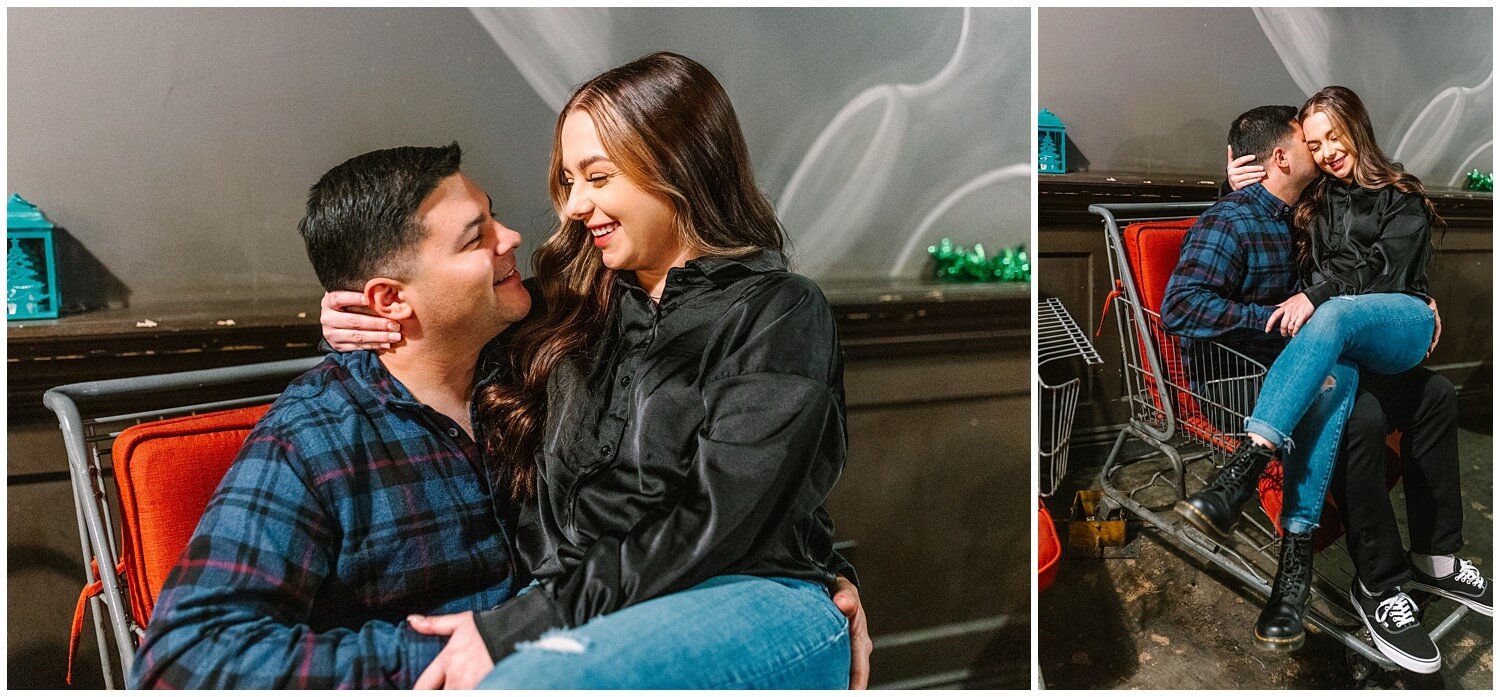 Couple sitting on each other in chair made out or shopping cart - image by GunnShot Photography