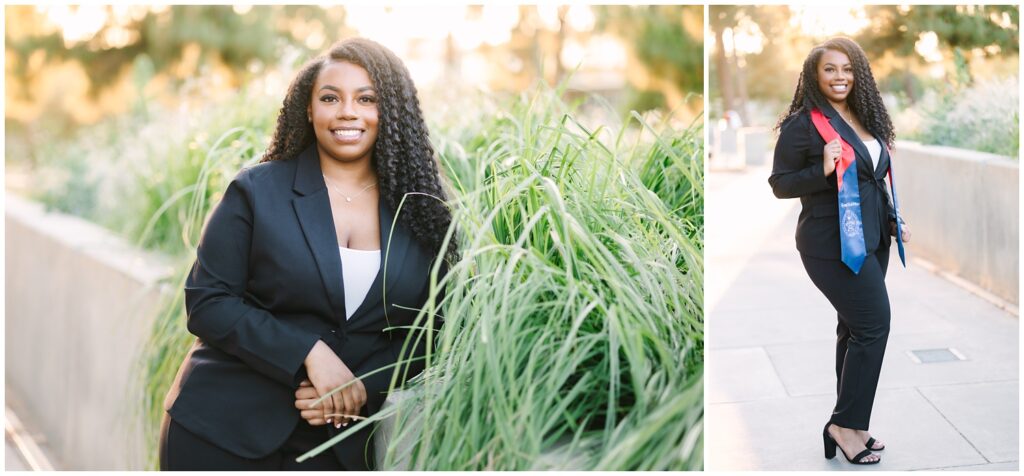 Senior Grad session taking headshots near Fresno State library photographed by GunnShot Photography