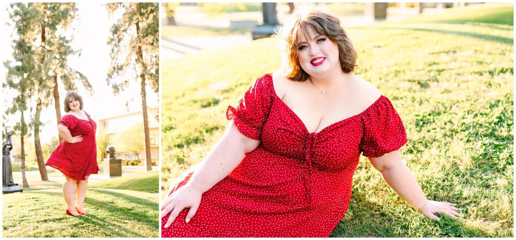 Graduating senior girl in red polka dot dress taken at sunset photographed by GunnShot Photography