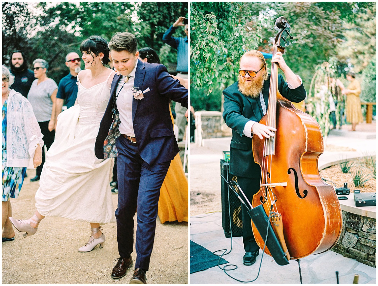Two brides dance the hora while a ginger haired man plays the bass.