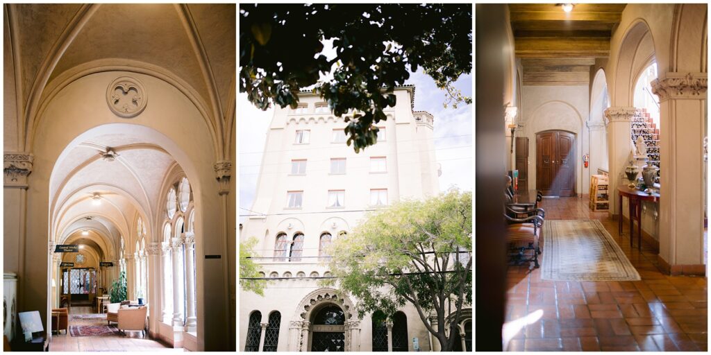 Architectural details of a Berkley City Club wedding venue featuring arched hallways, vaulted ceilings, and the historic exterior facade, photographed by Michelle Gunn Photo for a lesbian wedding celebration.