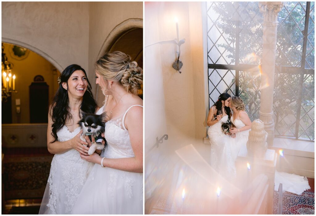 Brides share a quiet moment with their tuxedo-clad dog beneath arched architecture, then kiss beside a sunlit window at a Berkley City Club wedding captured by Michelle Gunn Photo during a heartfelt lesbian wedding.