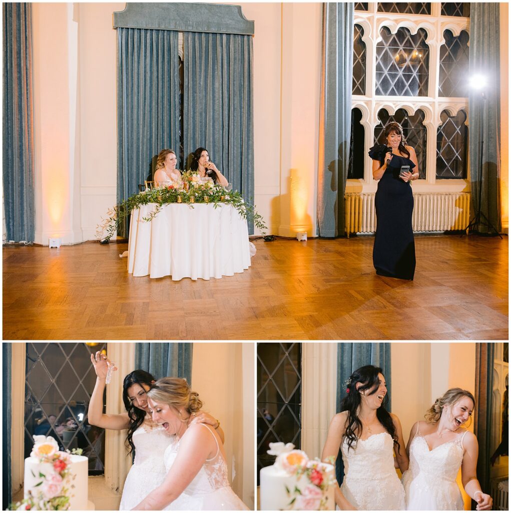 Guest gives a heartfelt speech as the brides sit at their sweetheart table, followed by playful cake cutting and laughter at a Berkley City Club wedding captured by Michelle Gunn Photo during a vibrant lesbian wedding reception.