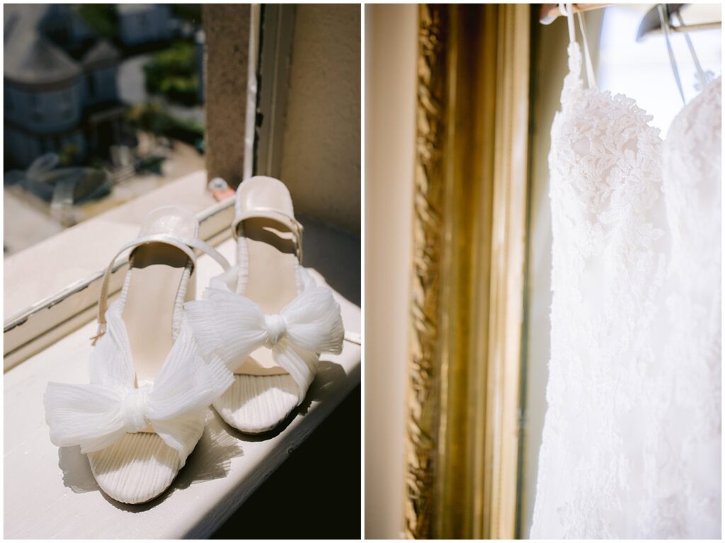 Bridal shoes and lace gown details at a Berkley City Club wedding, photographed by Michelle Gunn Photo during a lesbian wedding celebration.