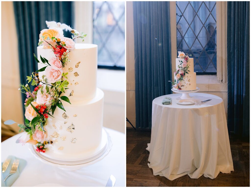 Two-tier white wedding cake with cascading peach and pink florals at a Berkley City Club wedding, photographed by Michelle Gunn Photo during a romantic lesbian wedding reception.