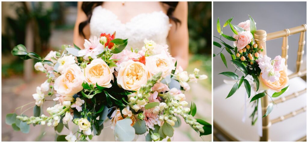 Bride holding a lush bouquet of peach roses, greenery, and white florals, alongside a coordinating floral arrangement on a gold chair at a Berkley City Club wedding captured by Michelle Gunn Photo for a joyful lesbian wedding.