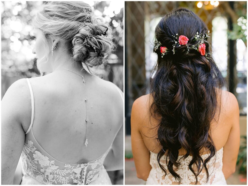 Close-up of brides’ hairstyles at a Berkley City Club wedding, featuring a braided updo with a delicate back necklace and long dark waves adorned with red flowers at a lesbian wedding photographed by Michelle Gunn Photo.