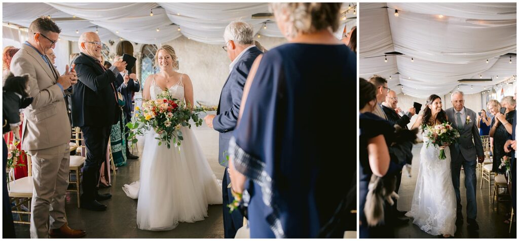 Bride walks down the aisle holding a colorful bouquet during her Berkley City Club wedding, surrounded by cheering guests at a joyful lesbian wedding photographed by Michelle Gunn Photo.