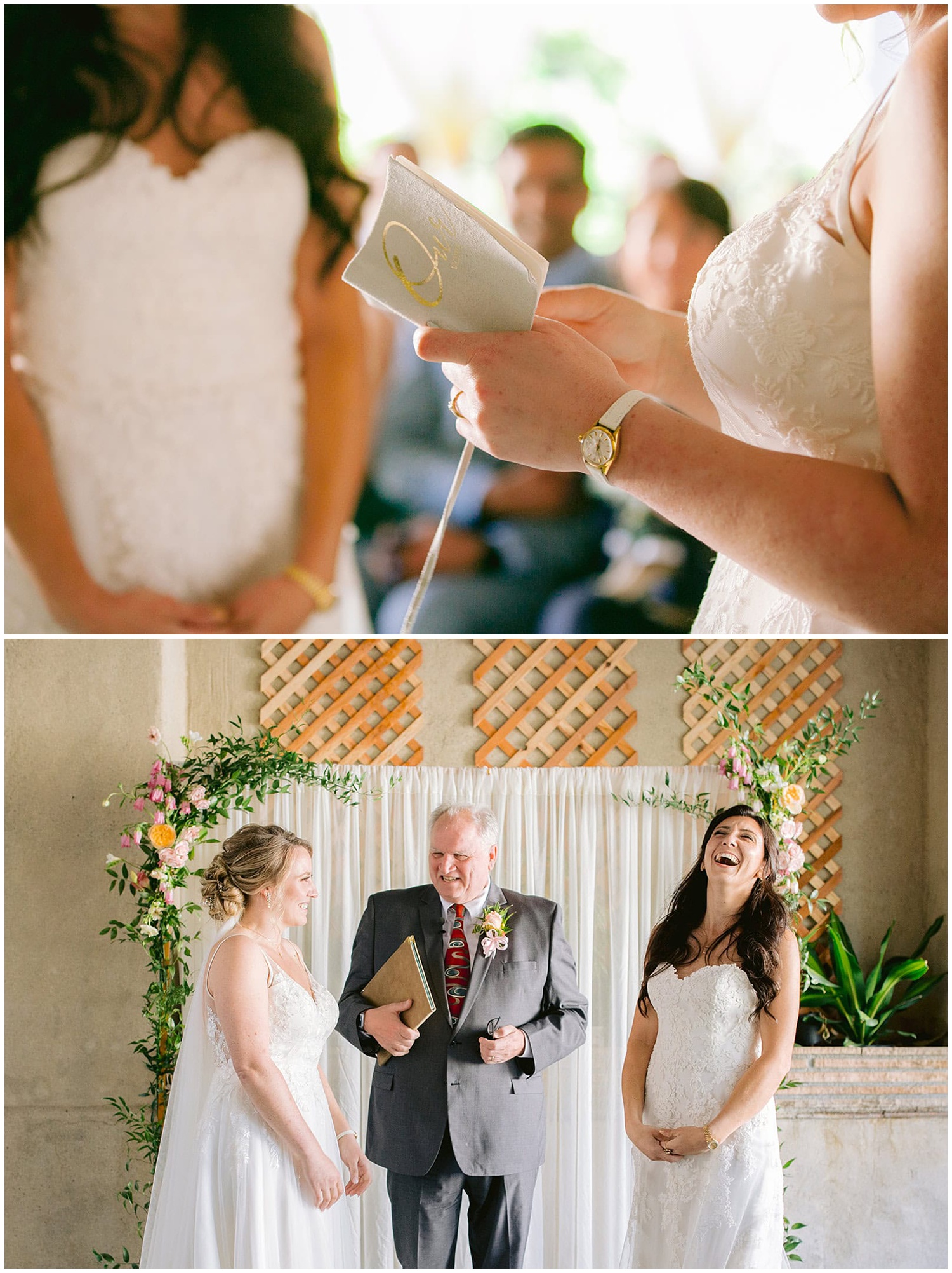 Close-up of a bride holding her vows and wearing a gold watch during a Berkley City Club wedding, alongside a ceremony moment where both brides laugh with their officiant at a heartfelt lesbian wedding captured by Michelle Gunn Photo.